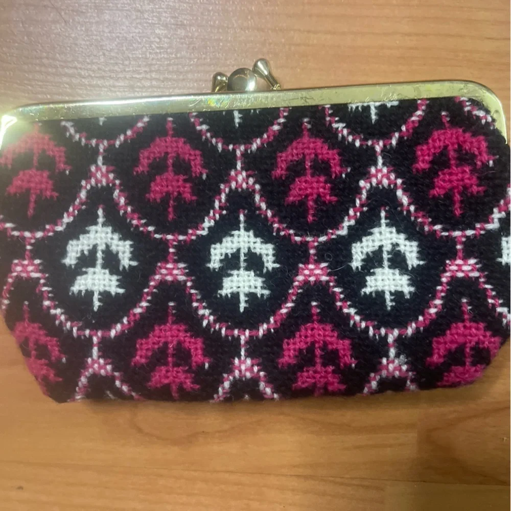 Vintage Wool Tapestry Blk Pink White Tulip Double Sided Small Kiss Lock Clutch
